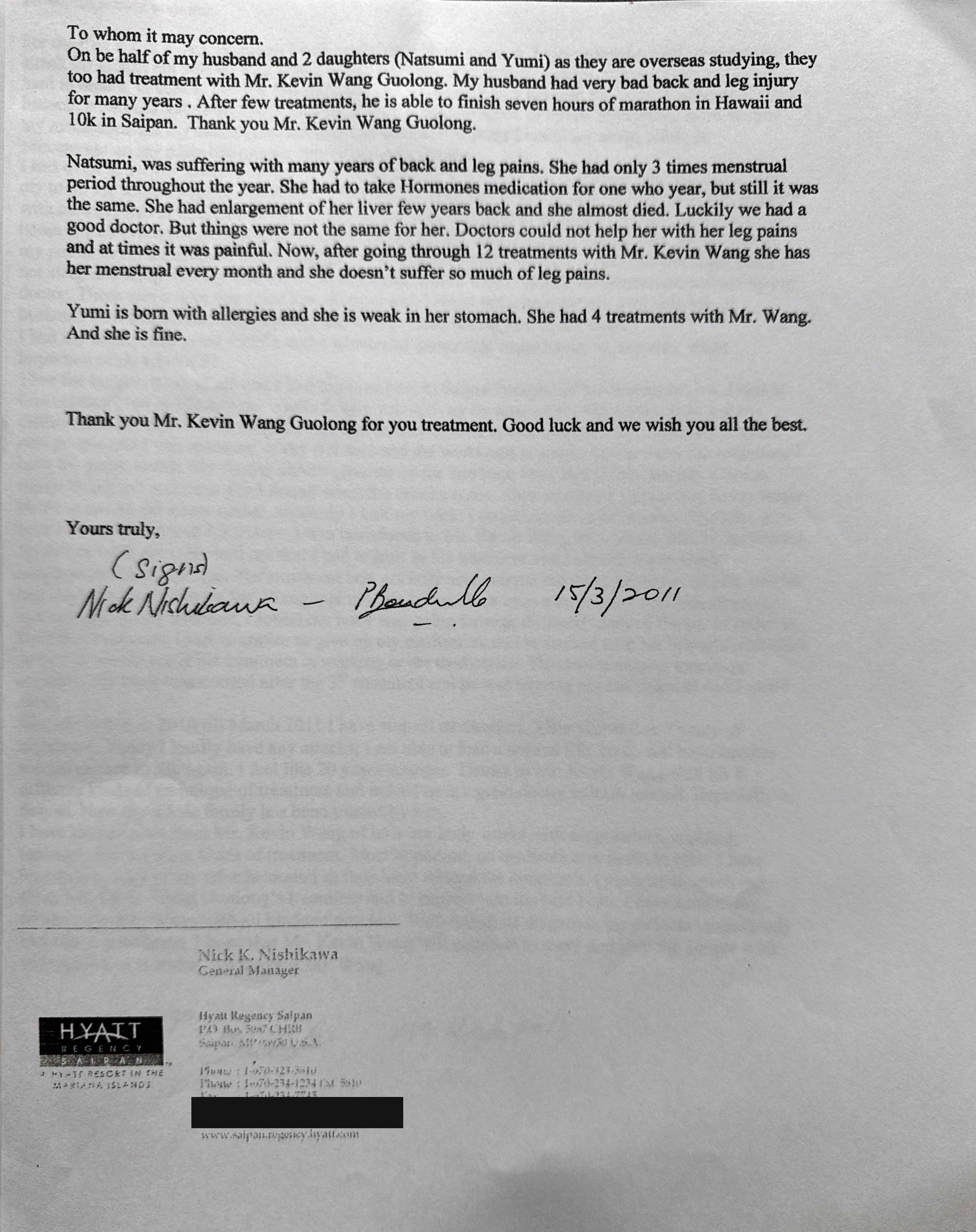 The family letter, co-signed by Pamela and Nick Nishikawa