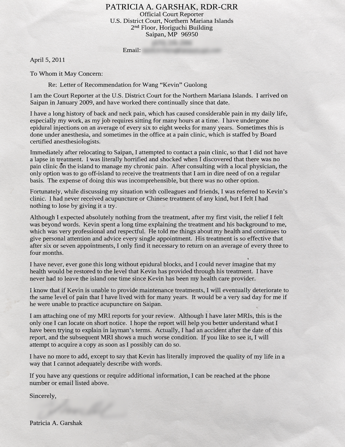 Page one of Patricia's original 2011 letter