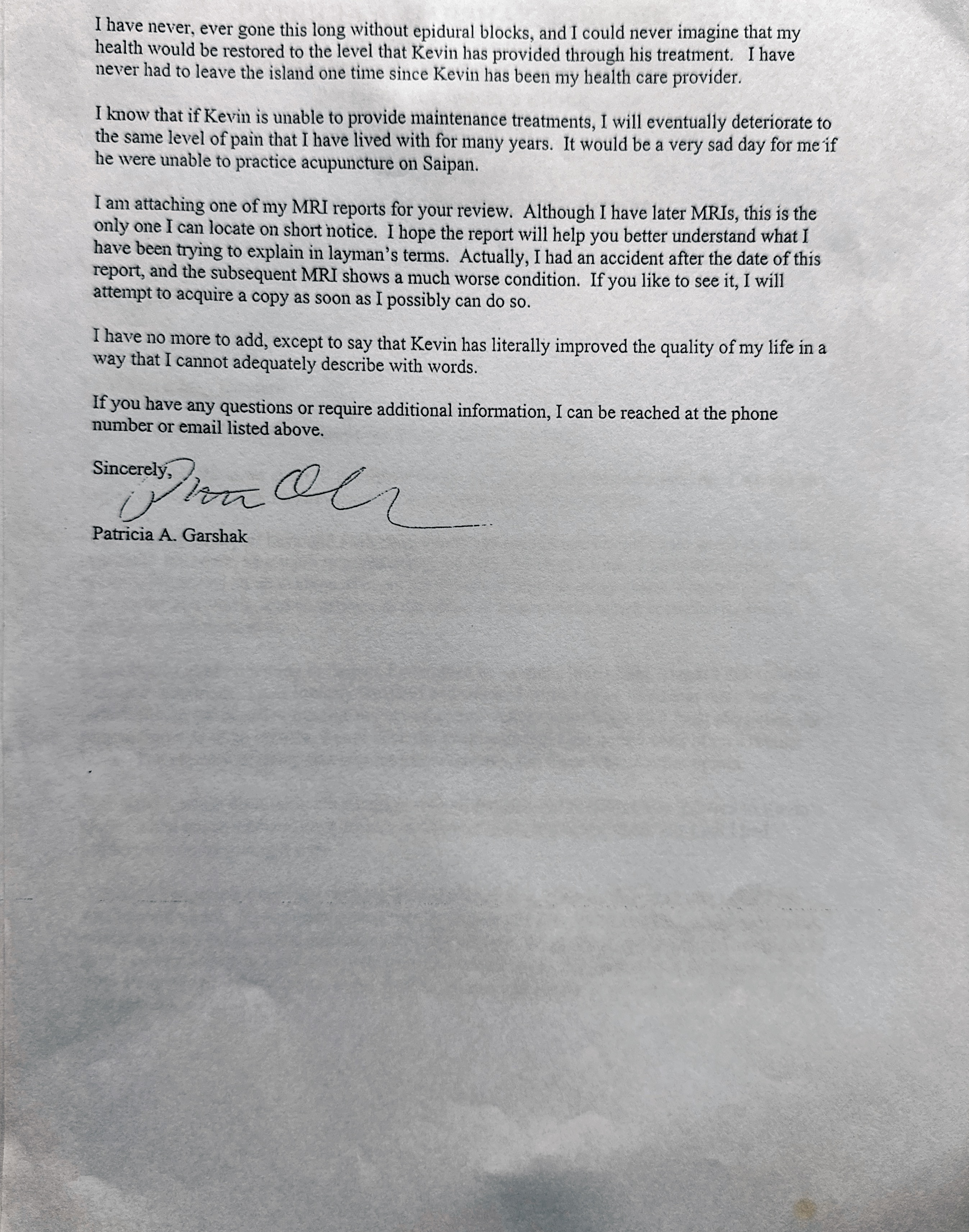 Page two of Patricia's original 2011 letter, including her signature
