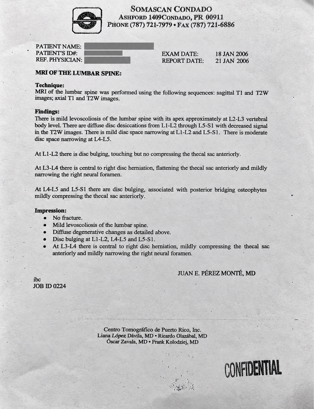 Patricia's redacted lumbar spine MRI report, dated 2011