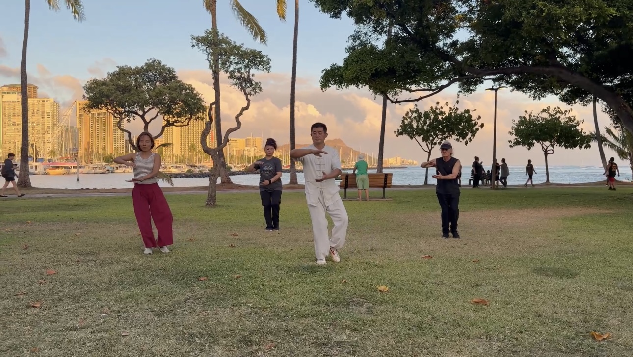 Group Tai Chi practice with Waikiki skyline and marina behind