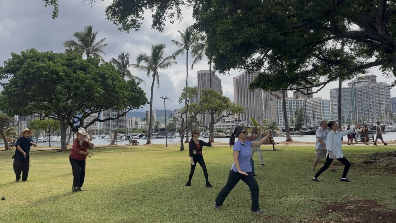 Group Tai Chi practice with the Honolulu skyline behind